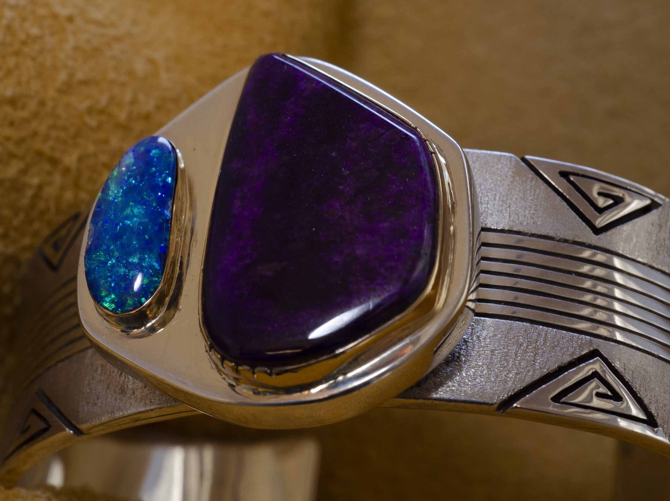 Leo Yazzie - Deep Purple Sugalite and Brilliant Opal Bracelet